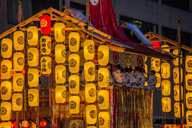Yellow lanterns decoration for Gion Matsuri festival in Japan