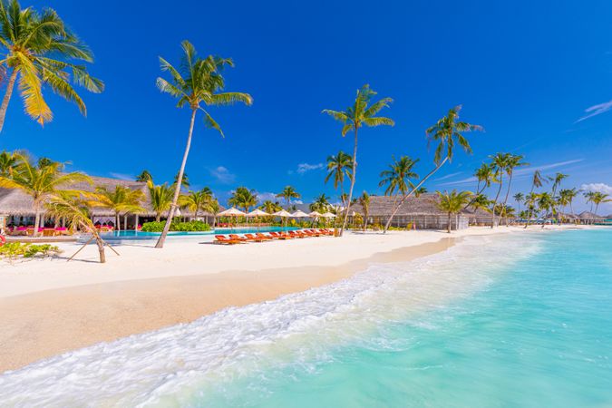 Tropical beach resort with recliners, landscape