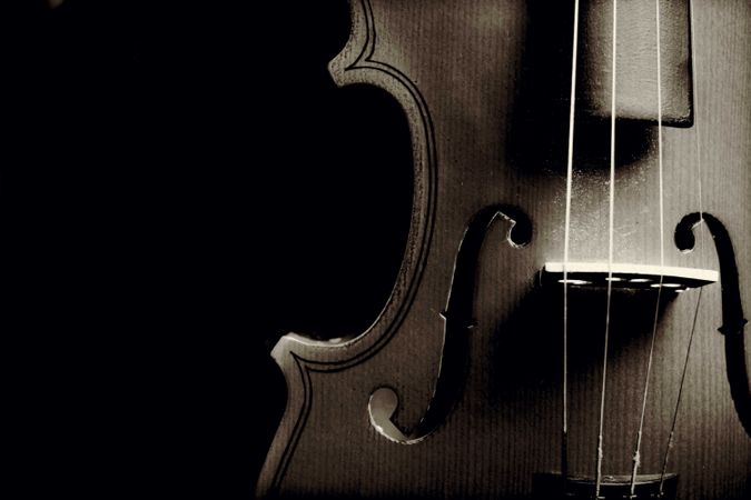 Side of violin with four strings on dark background