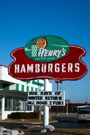 Sign for Henry’s Hamburgers restaurant in Benton Harbor, Michigan