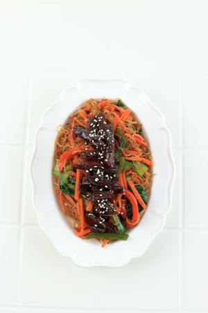 Top View Japchae or Glass Noodles Stir Fried with Vegetables
