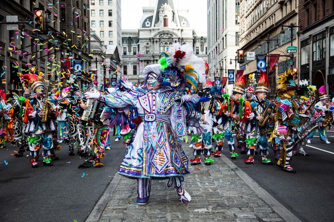 Ornate costumes and marching band at the Mummers Parade, Philadelphia, Pennsylvania