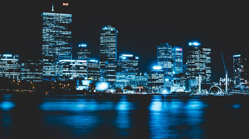 City skyline of Perth, Australia during night time