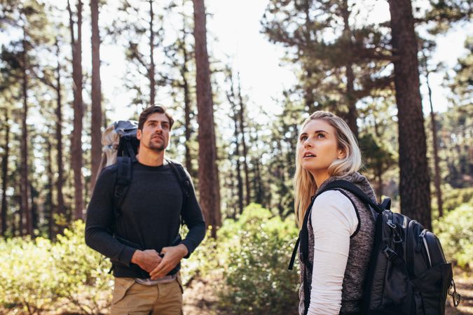 Man and woman wearing backpacks exploring the woods