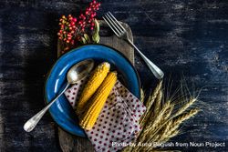 Top view of autumn table setting with polka dot napkin, corn, wheat and berry garnish bYAm6b