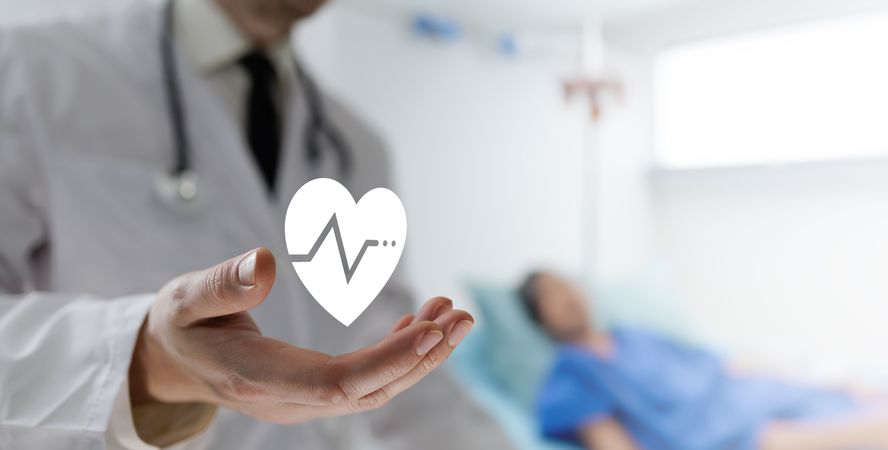 Doctor holds heart pulse icon