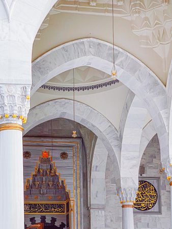 Marble arches with lights in a mosque in Turkey