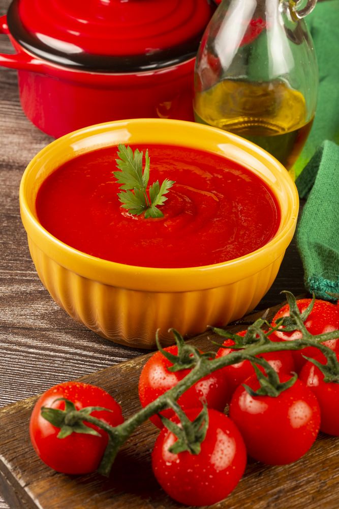 Delicious homemade tomato soup in bowl.
