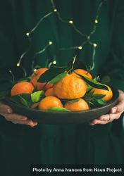 Woman in green holding bowl of tangerines, with fairy lights, copy space 4Aj7Rb