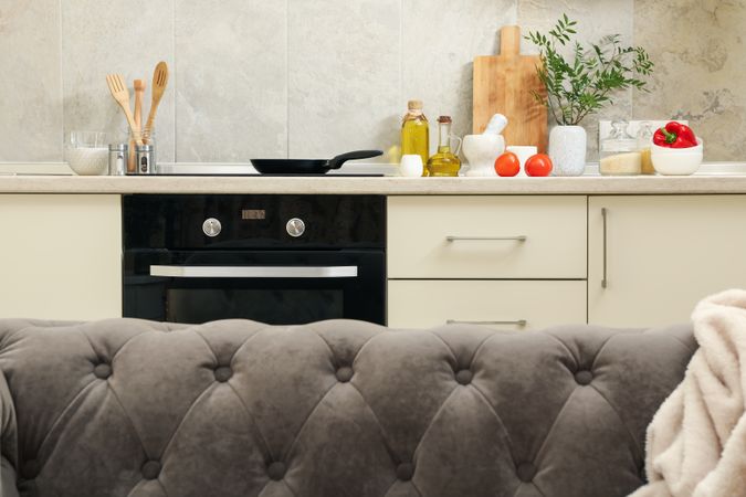 Sofa against cozy modern kitchen interior background