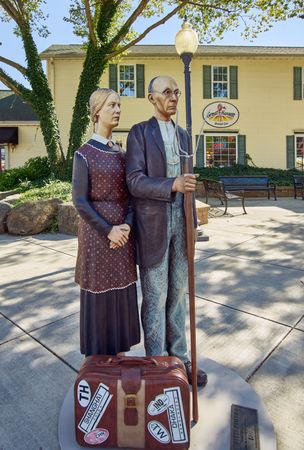 Grant Wood's classic "American Gothic" figures reimagined, Crown Point, Indiana