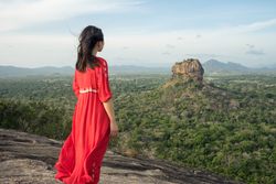 Tourist against solitary rock in middle of green forested plain under clear sky in summer
