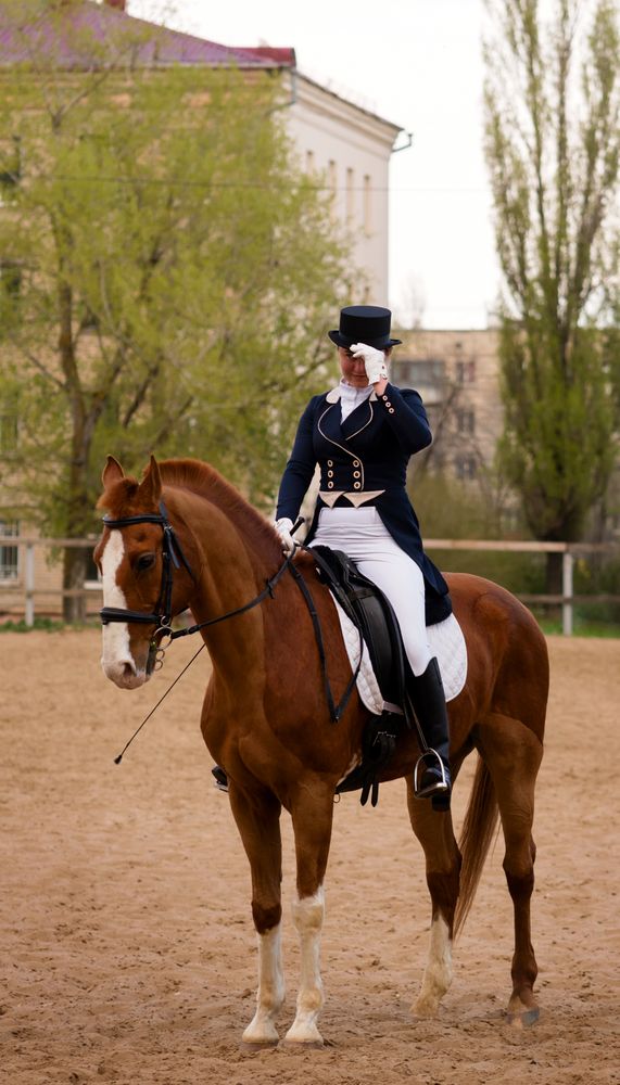 Dressage rider saluting in urban outdoor arena