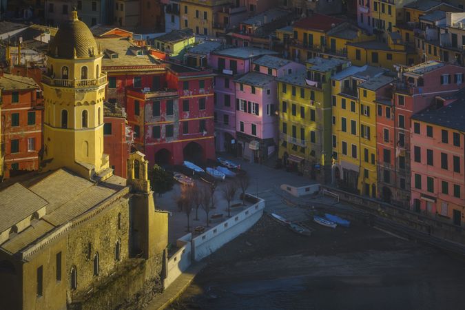 Aerial view of Vernazza church and old town at sunset, Cinque Terre, Italy