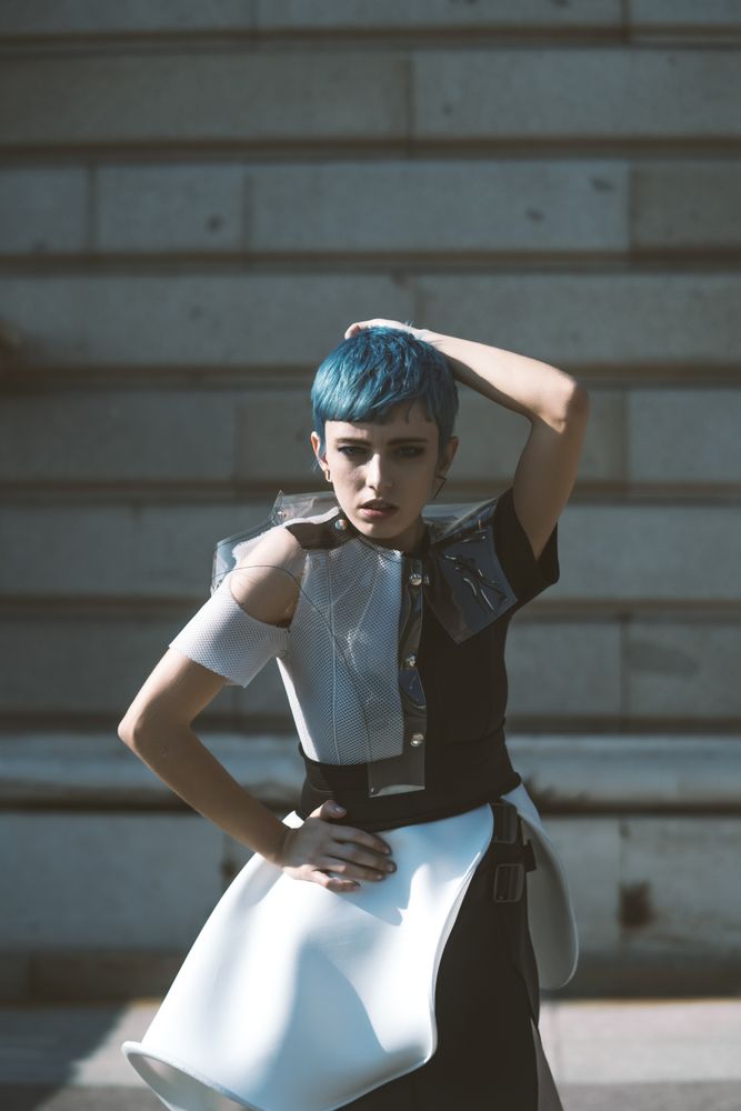 Expressive model in alternative dress on street