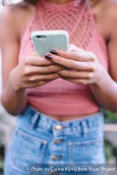 Young woman’s manicured hands holding a mobile phone and texting P5rql0