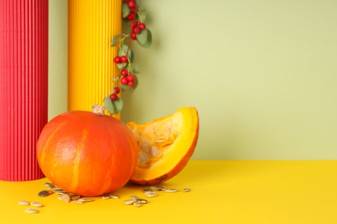Concept of Autumn vibe food, Pumpkin, Pumpkin seeds, space for text