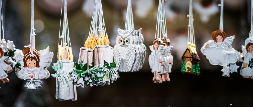 Handmade souvenirs hanging in Christmas market