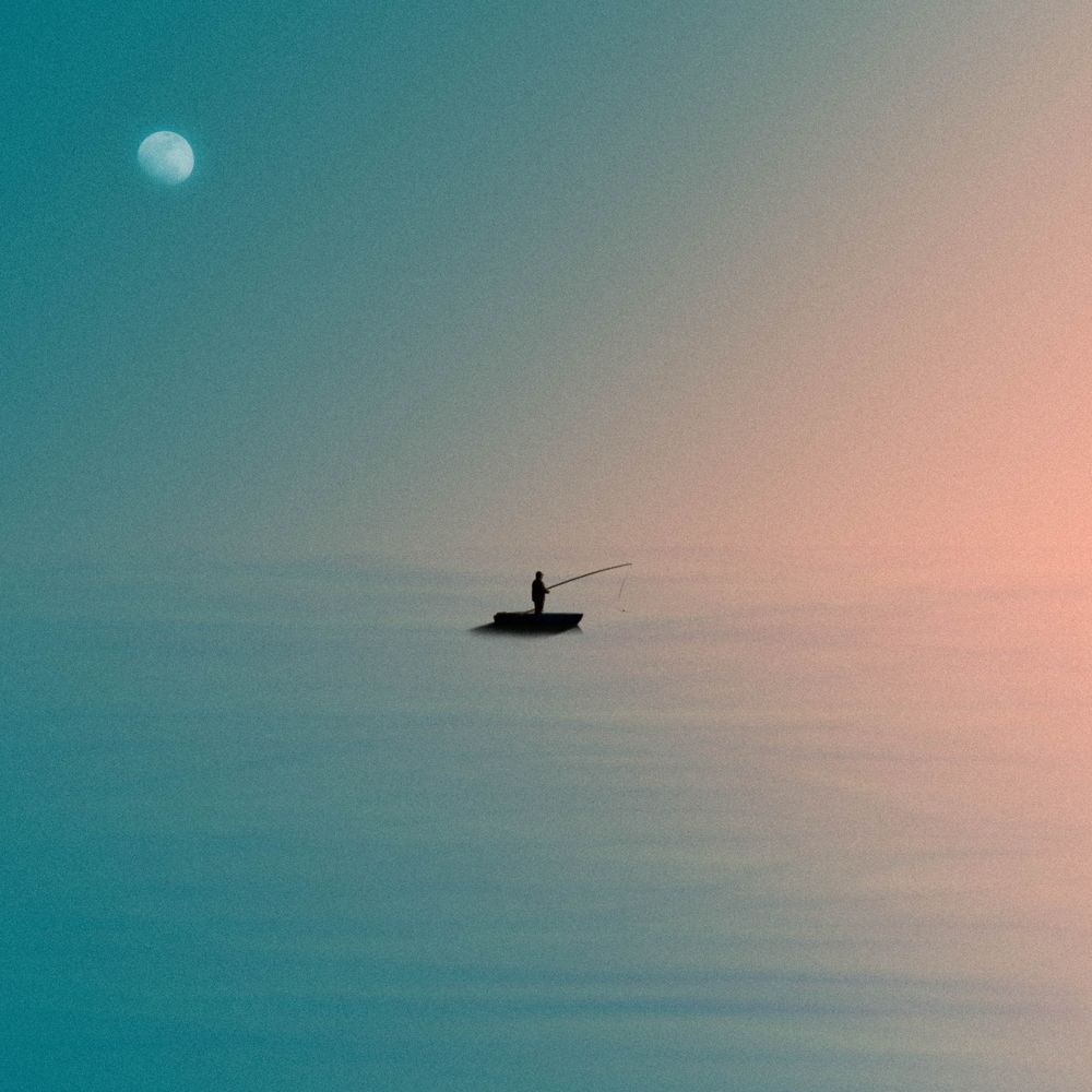 Minimal photo of silhouette of fisherman on a boat in blue sea at sunset under gibbous moon