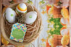 Top view of nest with decorated Easter eggs and dried bud