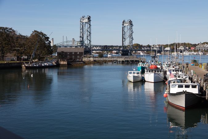 Fishing boats in a small Peirce Island harbor in Portsmouth, New Hampshire