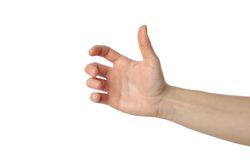 Female hand holding something, isolated on plain background