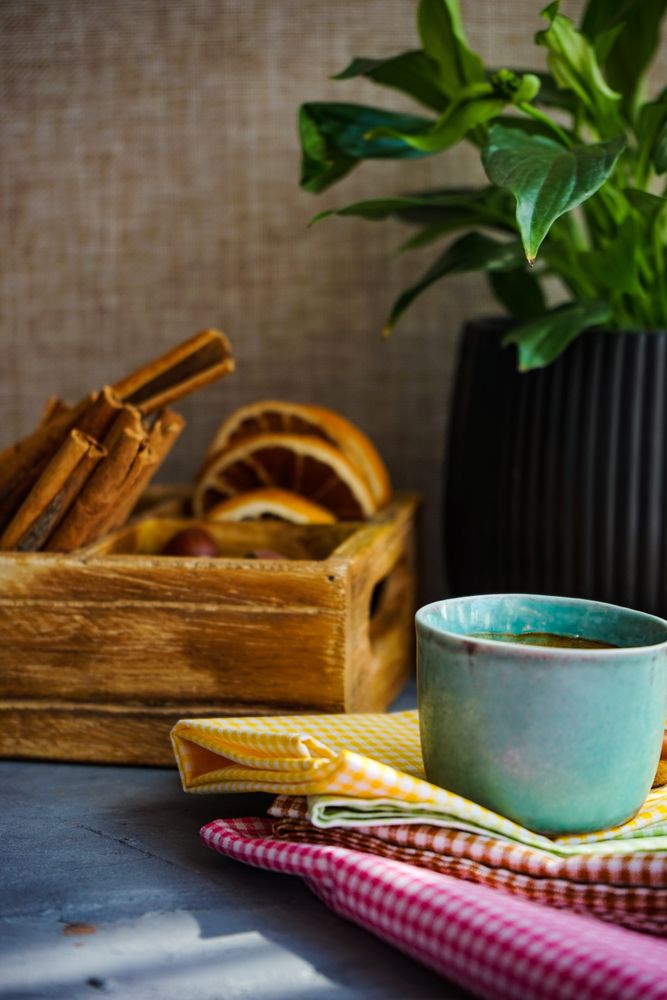 Cup of tea with spices and dried fruits