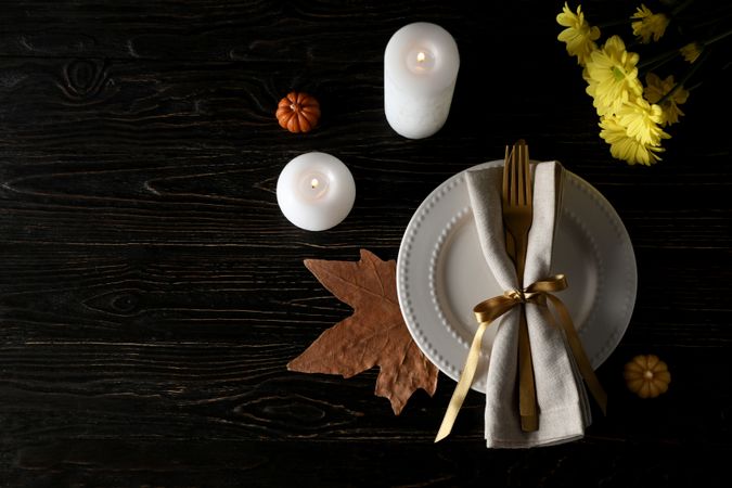 Concept of Thanksgiving day, Autumn table setting, space for text