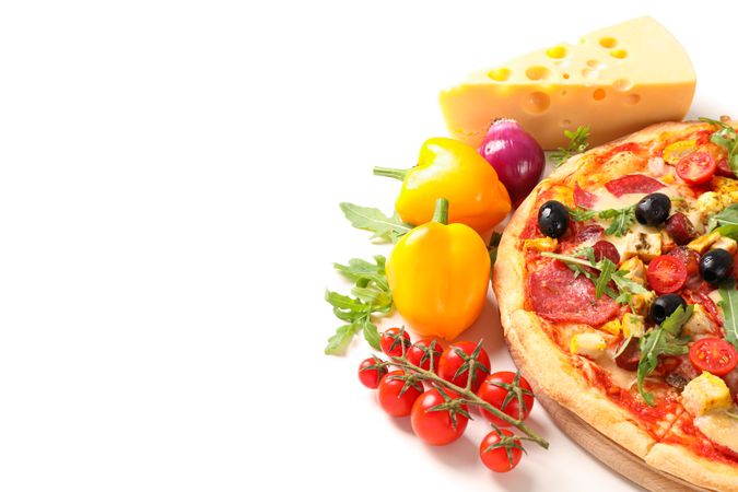 Tasty pizza and ingredients isolated on plain background