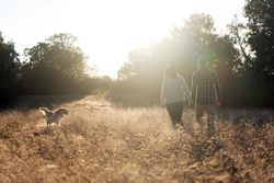 Couple with dog in countryside at sunset