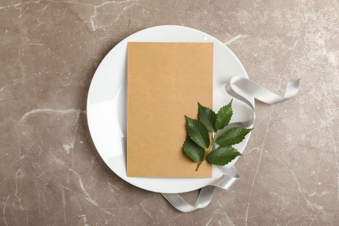 Plate with blank cardboard sheet, leaf and ribbon on gray background