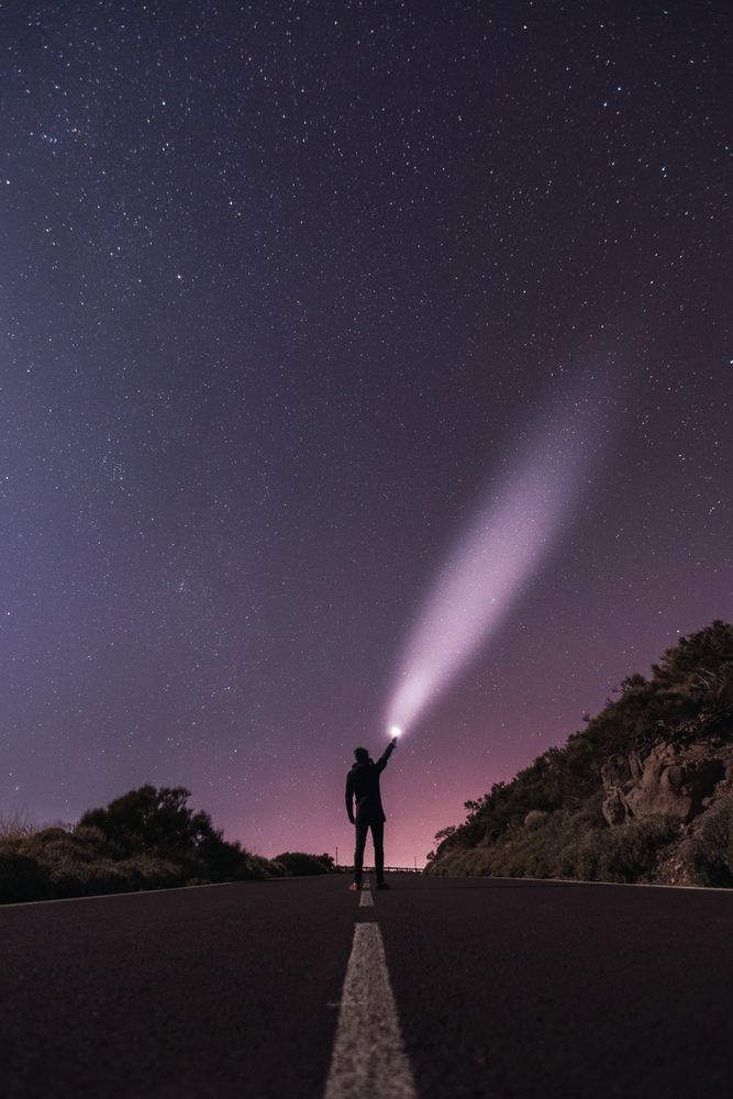 Traveler standing with torch at starry night