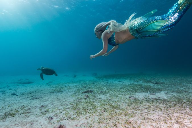 Blond fairytale female mermaid swimming with turtle