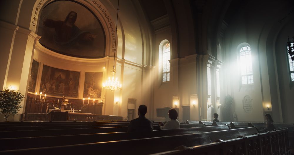 Group Of Faithful Parishioners In Grand Old Church.