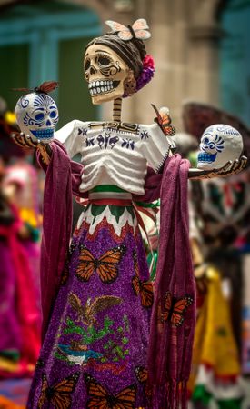 Skeleton in Chiapas dress at the Day of the Dead festival