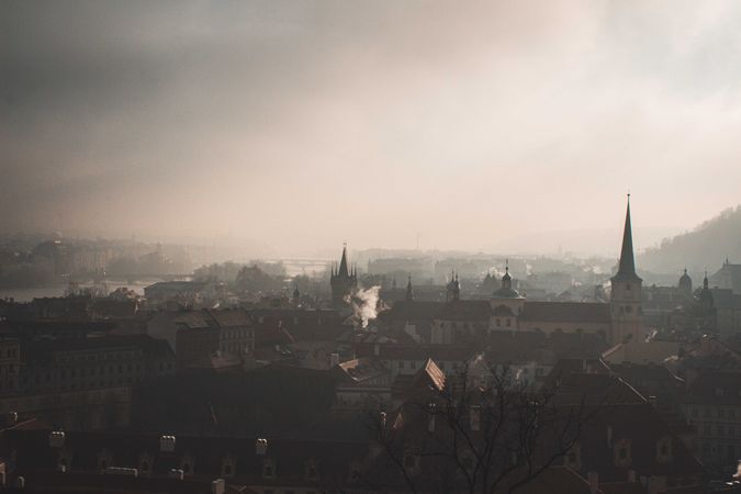 Monochrome photo of city in mist