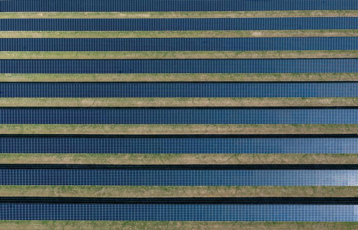 Photovoltaic panels farm in Germany, drone aerial view on a sunny day