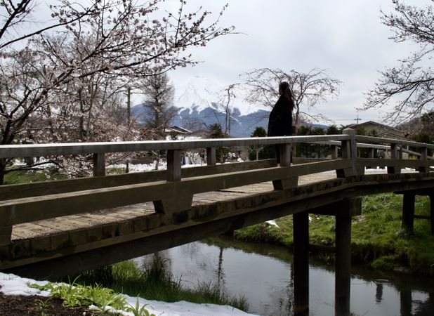 Person standing on wooden bridge over a river
