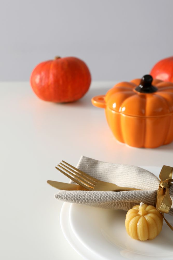 Concept of Thanksgiving day, Autumn table setting, close up