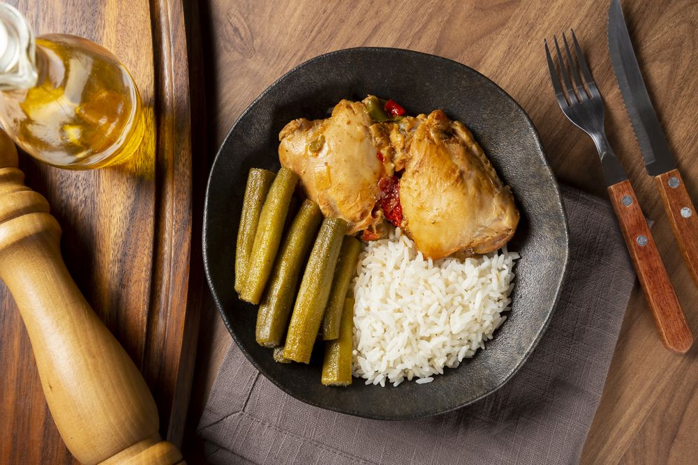 Chicken with okra and rice. Typical Brazilian dish.