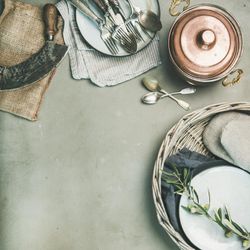 Kitchen appliances with a vintage look on concrete background, square crop, copy space