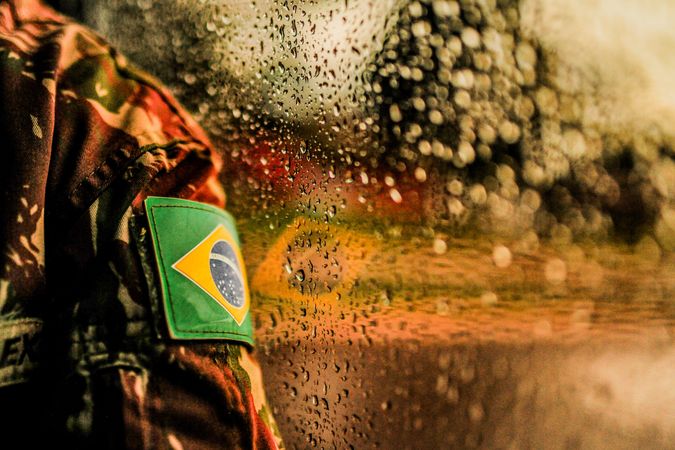 Brazil flag patch on soldier's uniform in close-up