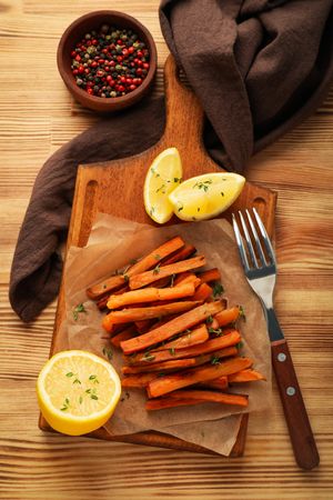 Concept of tasty food, fried sweet potato, top view