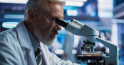 Medical Development Laboratory: Close Up Of Male Scientist Using Microscope, Analyzes Petri Dish Sample.