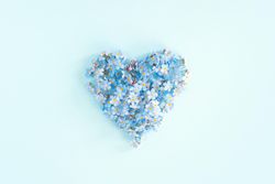 Forget me not flowers in a heart shape on blue background