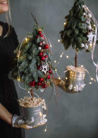 Cropped image of woman holding mini Christmas trees