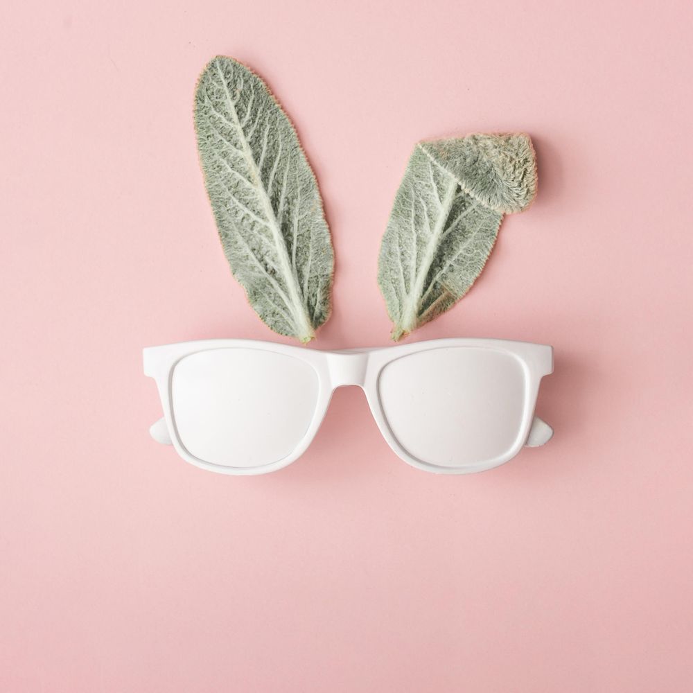 Bunny rabbit face made of natural green leaves with sunglasses on pink background