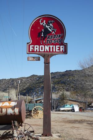 Frontier Gasoline station sign at roadside attraction, Classical Gas Museum