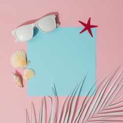 Beach accessories and palm leaves on pastel pink and blue background
