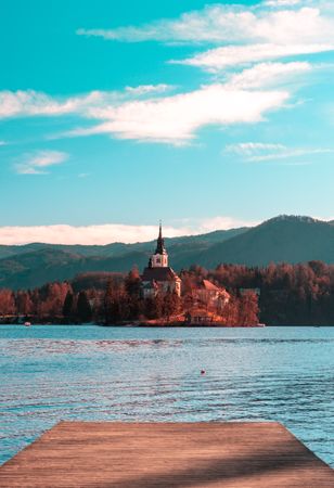 Lake Bled scenery with the lakes church on a beautiful day of December